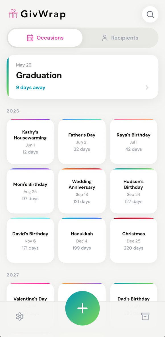 GivWrap Occasions dashboard